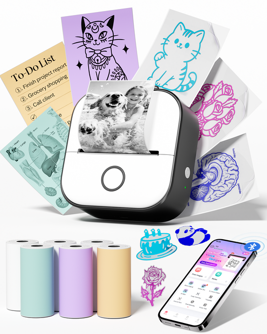Memoking Mini Thermal Printer T02 Mini Sticker Printer with 6 Rolls Paper Inkless Portable Mini Printer AI Sticker Maker Bluetooth Photo Printer Instant Print for Study Note, Journal, Photo, DIY,Gift